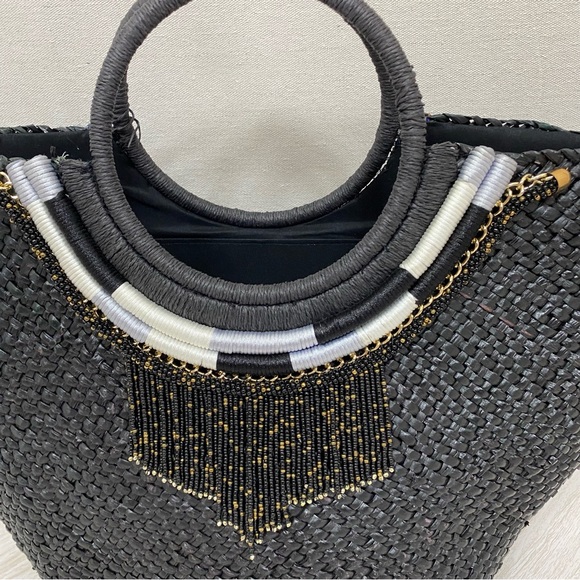 INC International Concepts Black Beaded Tasseled Straw Tote Bag - Picture 2 of 7